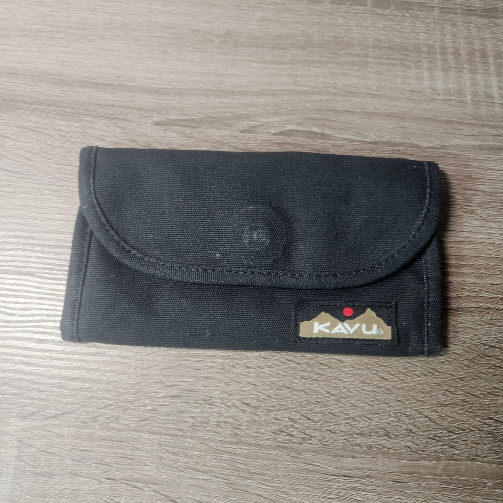 Kavu Mondo Spender Black Canvas Tri-Fold Wallet Magnetic Snap ID Window 2112